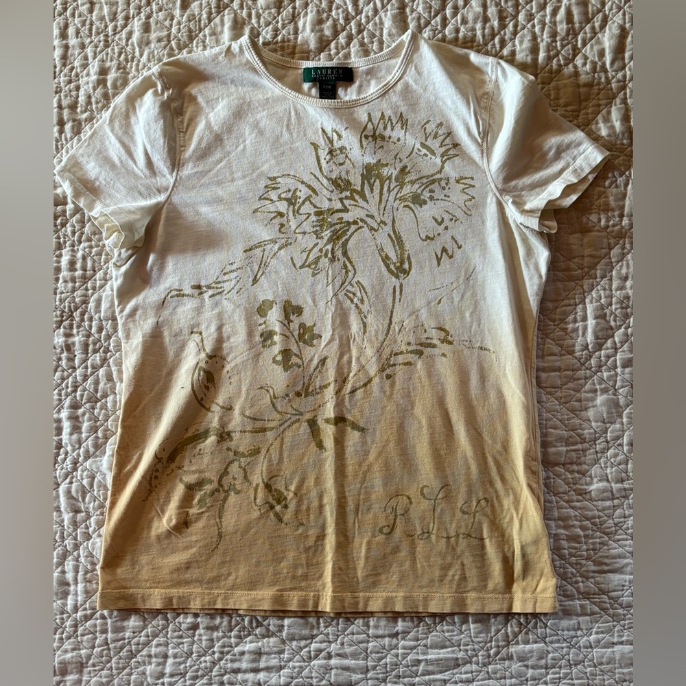 Lauren Ralph Lauren Ivory/Gold Ombre’ Crew Neck Short Sleeve T-shirt Monogram MP